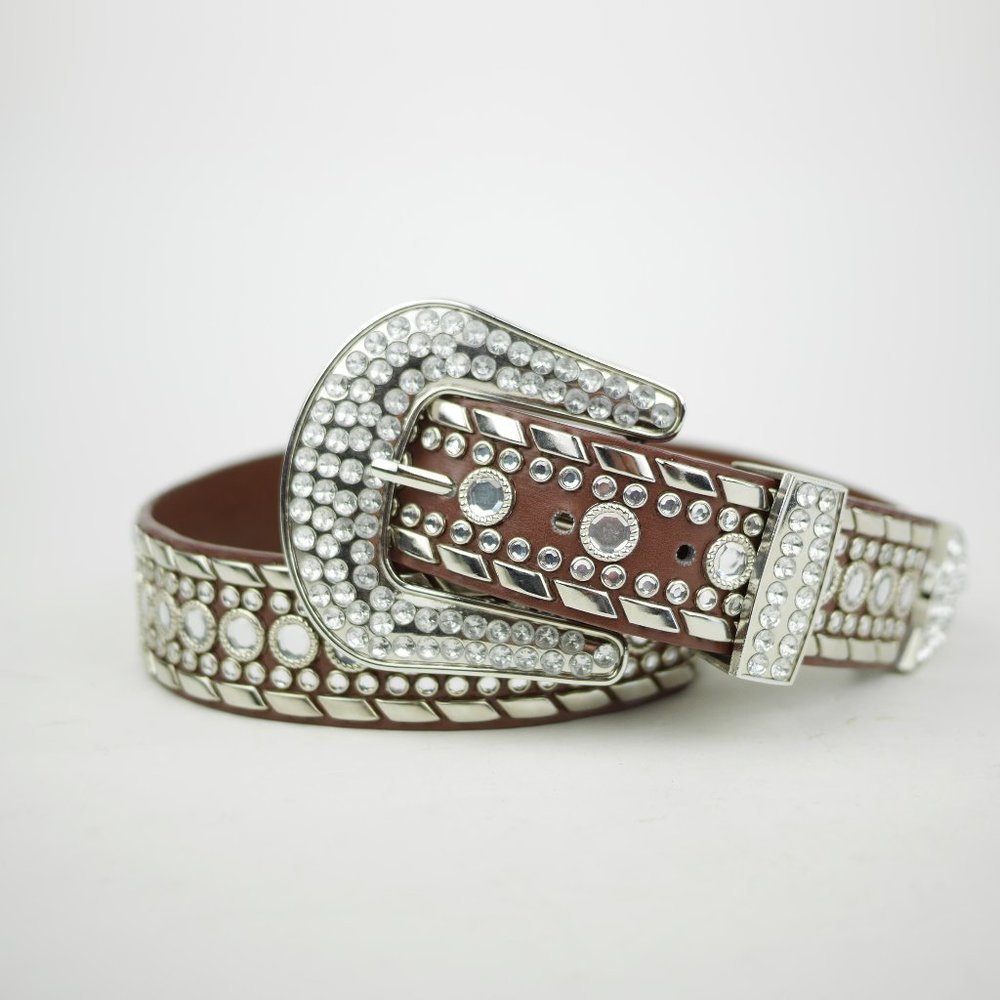 LUXURY DIVAS Women's M - Brown jeweled & studded leather belt silver buckle 1.5"
